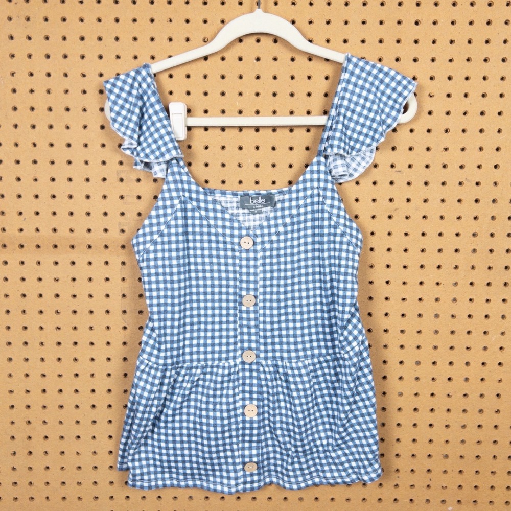 Belle by Belldini Blue Gingham Peplum Top Ruffle Button Front Smocked Back Med‎